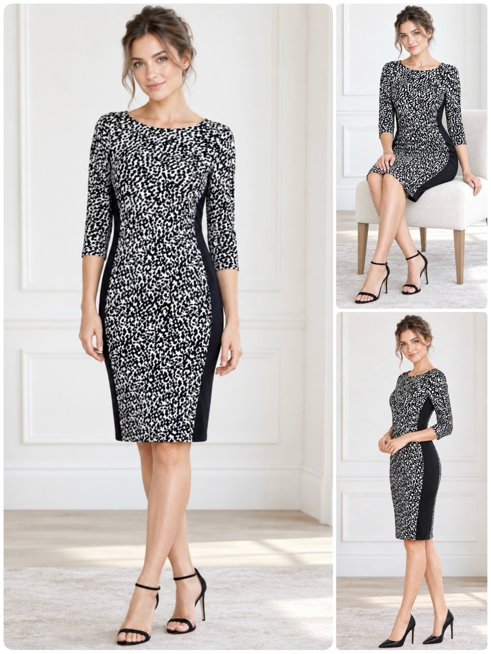 LAUREN RALPH LAUREN Sheath Dress 3/4 Sleeve Left Side Pleated Waist Animal Prin